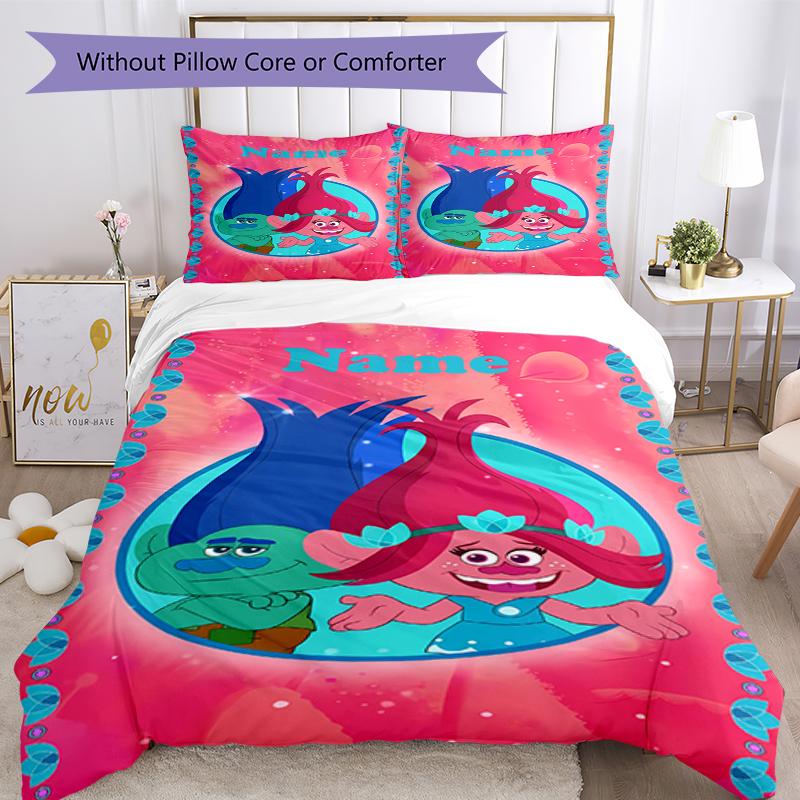 3pcs Custom Name Trolls Bedding Set Duvet Cover Closure Includes 1 Duvet Cover & 2 Pillowcases, Soft and Comfortable for All Seasons.