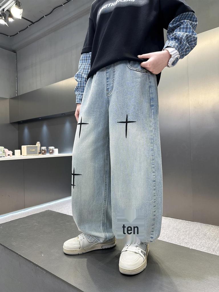 Men's 2026 Spring Trend Loose Wide-Leg Jeans with Cross Star Embroidery