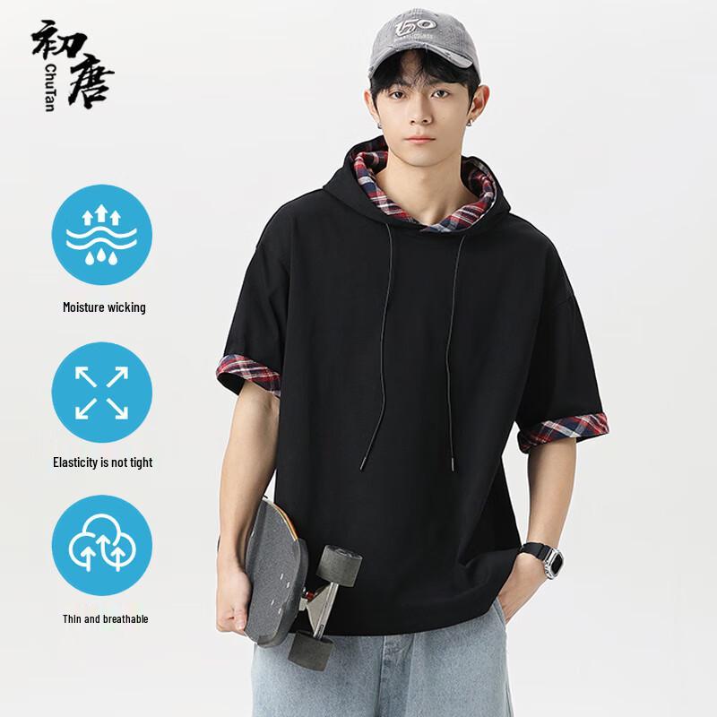 Men s Plaid Color Block Hooded T-Shirt XL