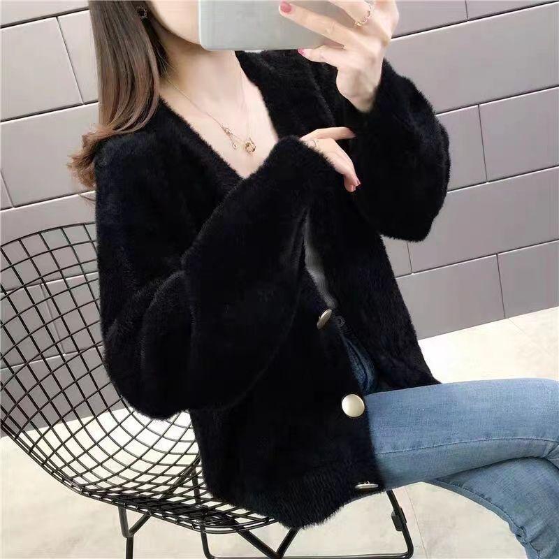 Women's Faux Mink Fleece V-neck Cardigan – Versatile Autumn & Winter Fashion