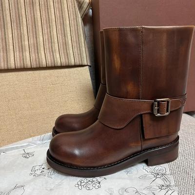 Western Cowboy Boots Platform Boots Women'S Leather Retro Medium Boots Martin Boots Short Boots