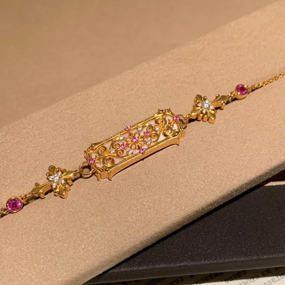 French Vintage Natural Mother of Pearl Hollow Iris Bracelet with Diamond Pink Sapphire Flower for Women