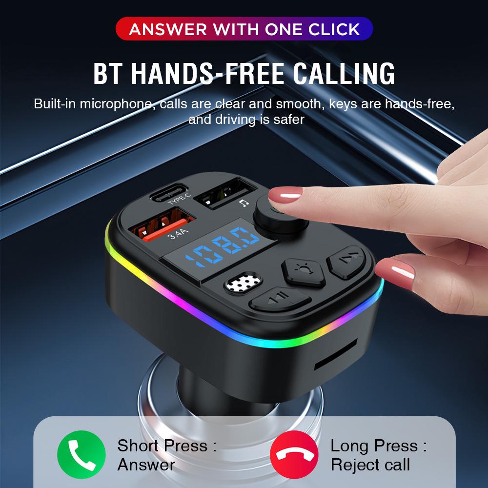 Bluetooth V5.3 Car FM Transmitter & Charger with MP3 Playback and Hands-free Calling