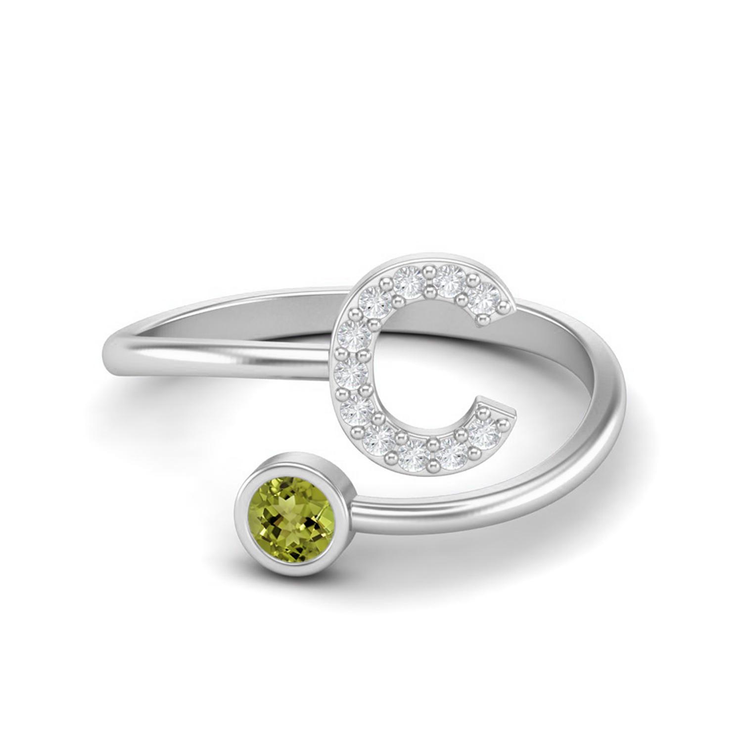 Capital C Initial Letter 3MM Round Peridot 925 Sterling Silver Women Adjustable Wedding Ring 9
