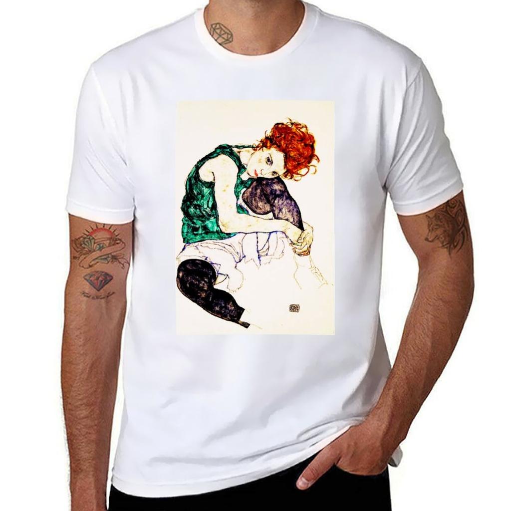 Egon Schiele Seated Unisex with Legs Drawn up TShirt Active Sports Short Sleeve Cotton Shirt