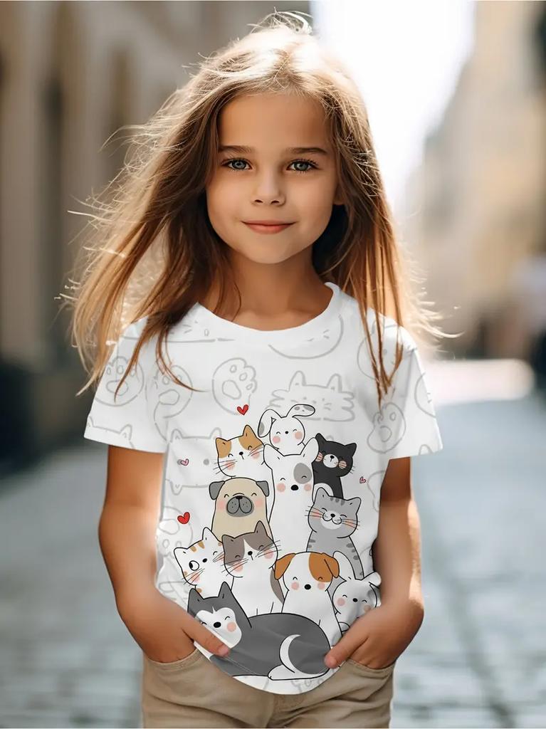 Kinderkleidung Kinder T-Shirt Mädchen Kurzarm Top Cartoon Katze Kawaii Mädchen Sommerkleidung Kinder T-Shirt Kinderkleidung