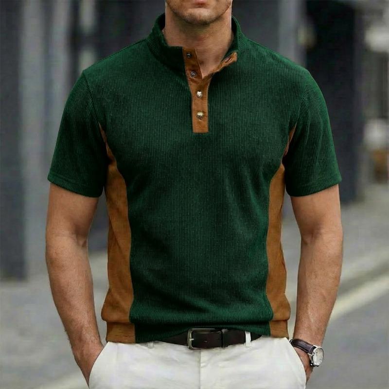 Mens Casual Color Block Ribbed Henley Collar Short Sleeve Polo Shirt