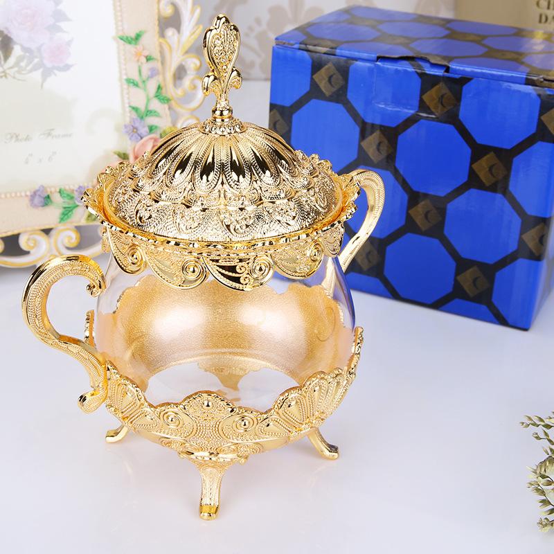 Golden Glass Storage Jar with Lid Restaurant Desktop Sugar Cube Jar Spice Storage Box Seasoning Container Kitchen Storage Tools