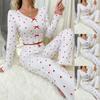 European and American Style Women’s Heart Print V-Neck Jacquard Pajama Set Long Sleeve Top and Long Pants Two-Piece Loungewear