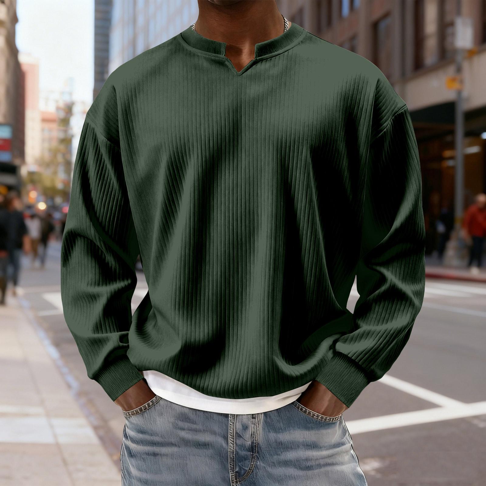 Stylish V-notch Neck Ribbed Textured Long-sleeved T-shirt L