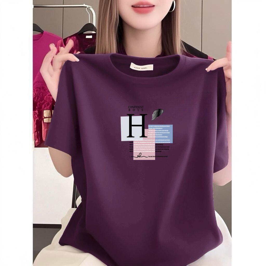 Women's Black Short-Sleeve Summer T-Shirt - Loose Fit, Slimming, Letter Print, Age-Reducing