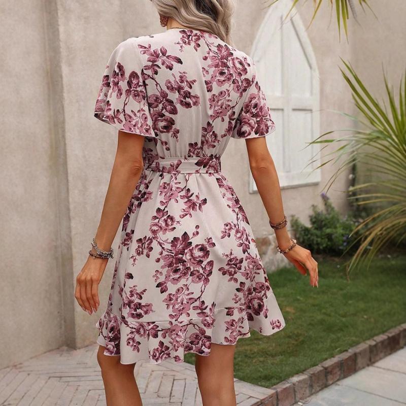 2026 Summer New Women's Fashion Printed Dress with Spotted Ruffles and Tie-Waist Design