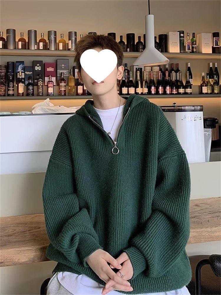 Men's Autumn Oversized Hong Kong Style Half-Zip Knitted Hoodie