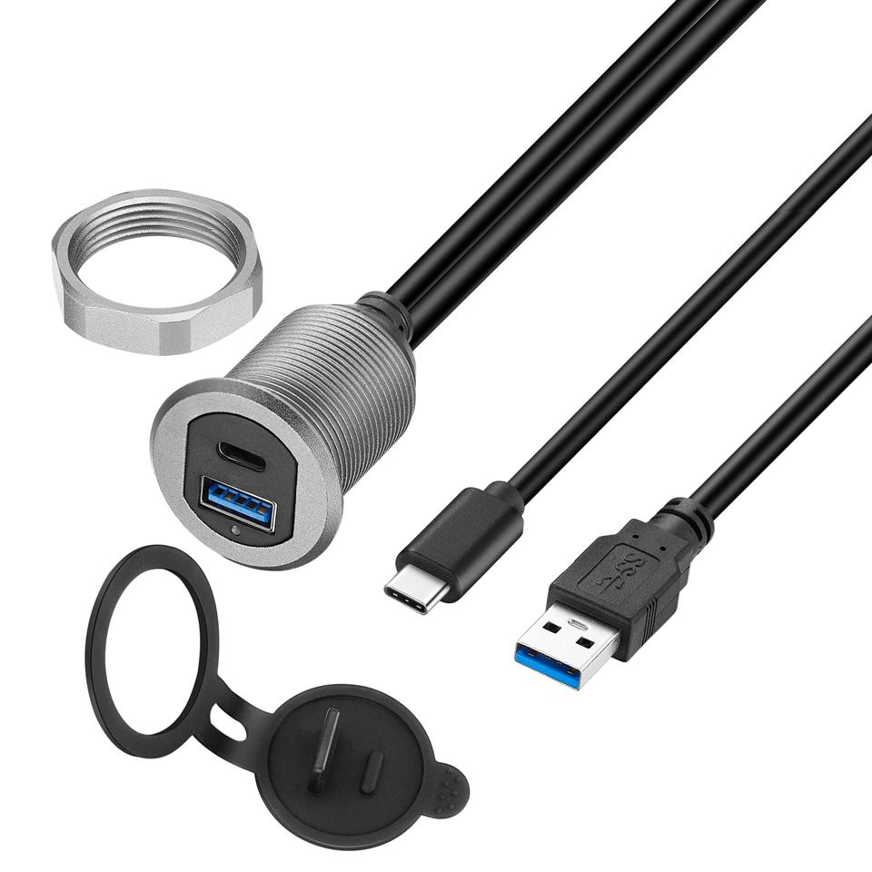 Bochara USB3.0+Type C 3.1 3.0 Male To Female Extension Cable Flush Mount Panel Dashboard Aluminum Alloy With Indicator