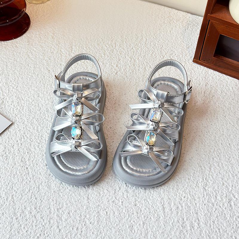 Rhinestone Princess Sandals: Non-slip, Soft-soled Bow Shoes for Girls, Perfect Summer Roman Style for Big Kids and Students.