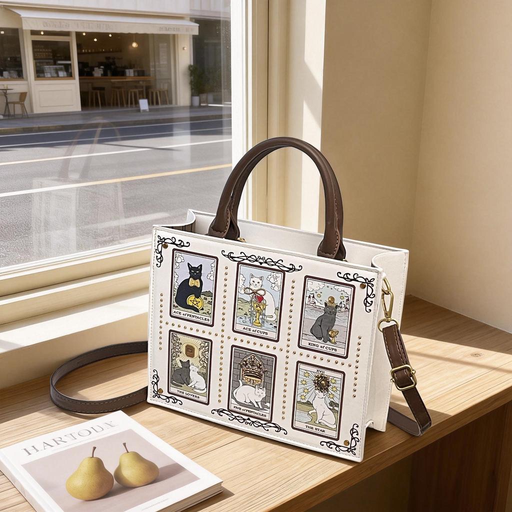 Fashionable Women's Tote Bag with Unique Cat Elf Illustrations and Adjustable Strap