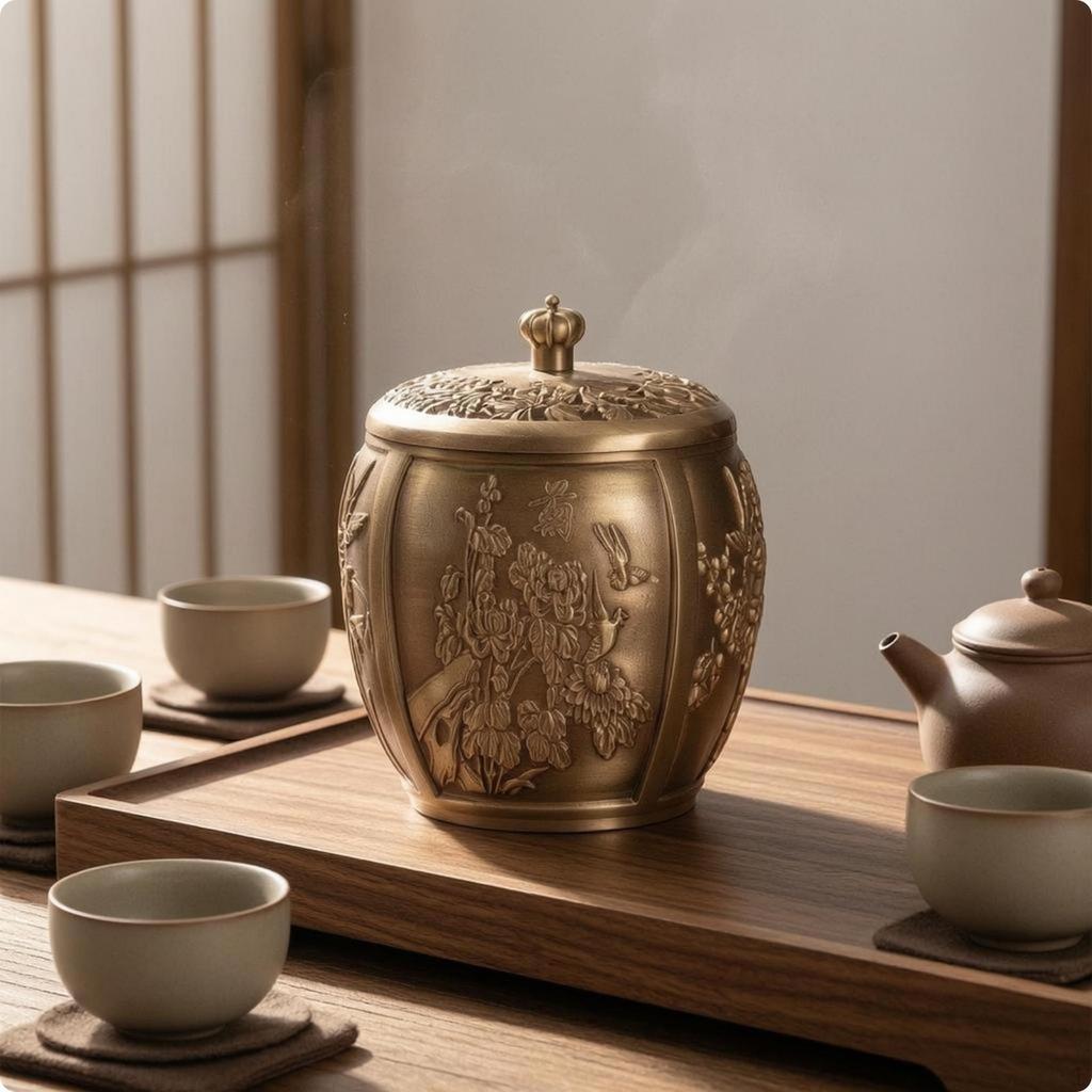 Metal Tea Canister Lustrous Finish Domed Floral Pattern 13.5CM 625G