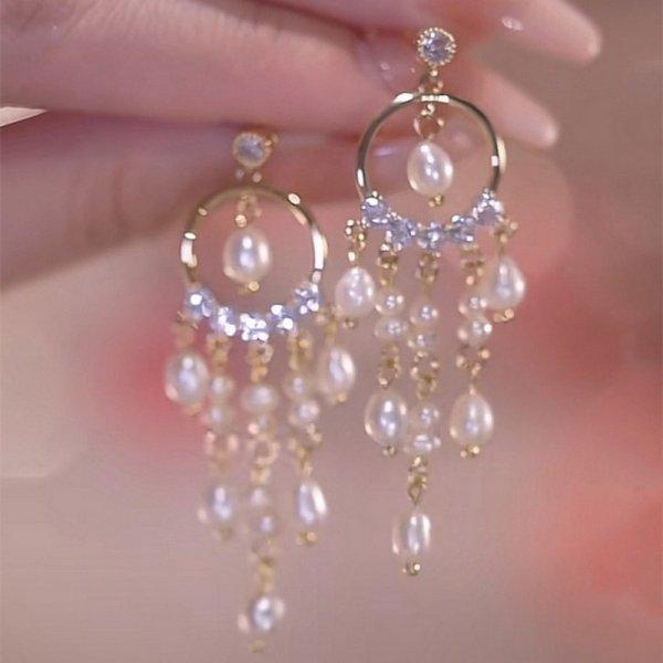 Korean Exquisite Imitation Pearl Tassel Drop Earring For Women Shiny Zircon Flower Leaf Long Ear Line Geometric Earring Jewelry