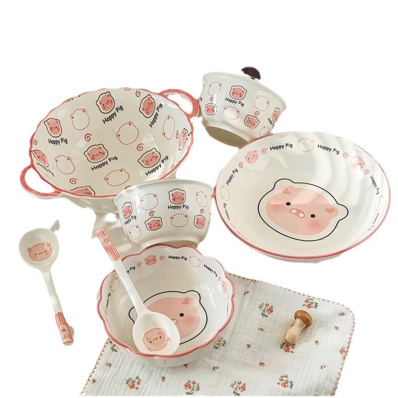 Fumai De Cute Pig 7-Piece Ceramic Rice Bowl Set