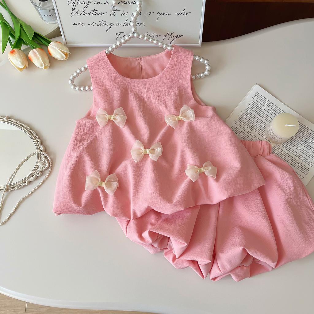 Children's Set Summer Korean Girls' Bow Sleeveless Vest+shorts Casual Dress