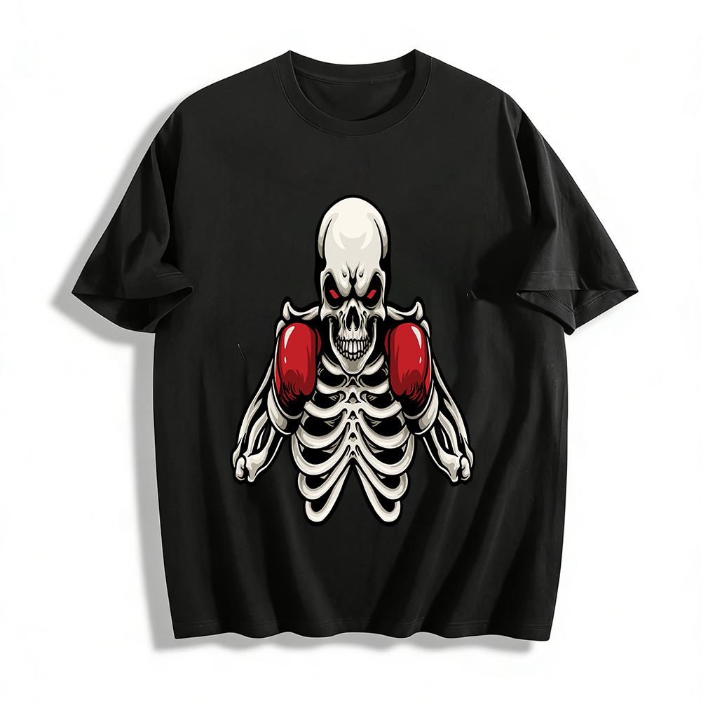 Dark Boxing Skull Graphic Tee Men Women Vintage Streetwear Top Pure cotton T-shirt