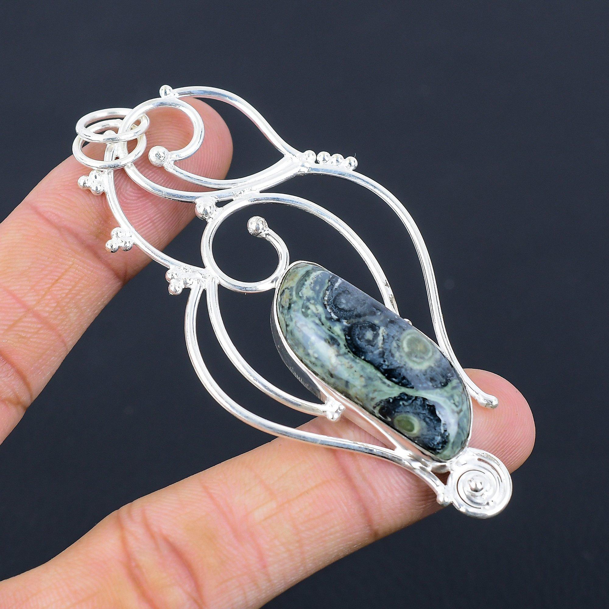 Marquise Natural Kambaba Jasper 925 Silver Bezel Sister Wedding Artisan Pendant