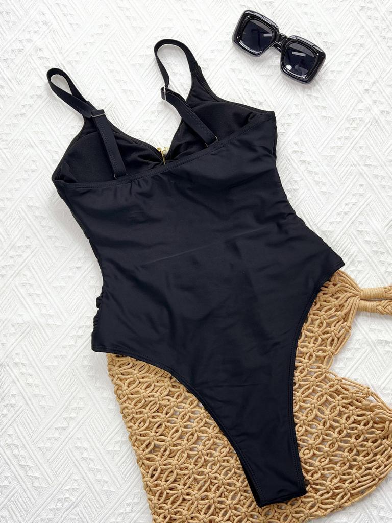 Sexy Schwarze Metallschnalle Einteiliger Badeanzug Damen Ausgeschnitten Urlaub Bauchkontrolle Bademode Strand Badeanzug