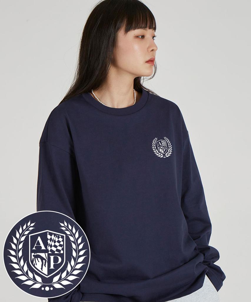 ASTRAL PROJECTION Shield Emblem Round Neck 13-Count Cotton Long Sleeve T-Shirt_Navy