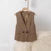Women Brown V Neck Double Button Cropped Suit Vest Sleeveless Casual Waistcoat With Pockets