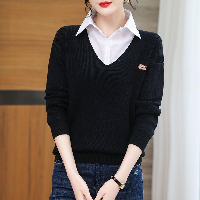 Women's Fashion 2025 Spring & Autumn Fake Two-Piece Sweater with Shirt Collar