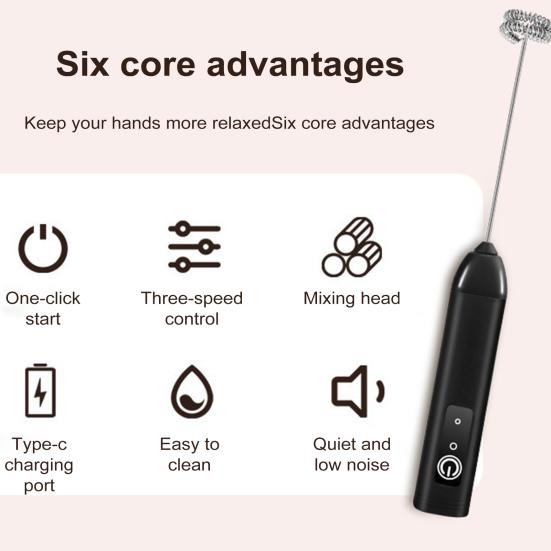 Handheld Milk Frother Wand for Coffee Electric Egg Beater Triple Speed Adjustment Rechargeable Drink Mixer for Home