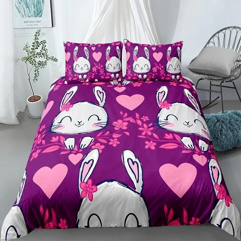 Cute Cartoon Rabbit Single Duvet Cover And Pillowcases 75*50 For Children'S Room, Comfortable Microfiber Bedding Set With Zipper