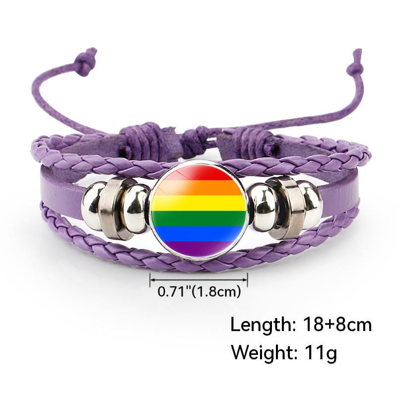 Distinctive And Colorful Rainbow Flag Time Gemstone Purple Leather Bracelet