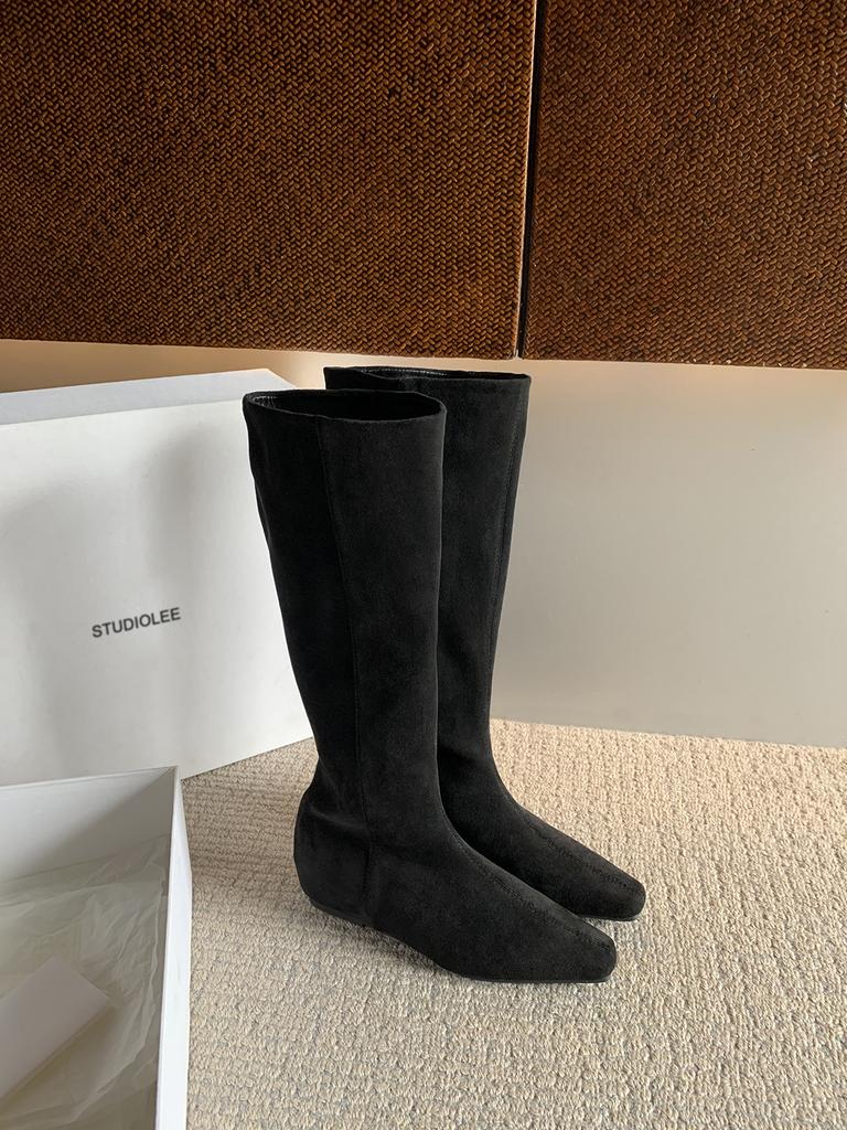 Cowhide version~ Retro inner height-increasing knight boots women's head slope heel western boots stacking boots versatile medium boots