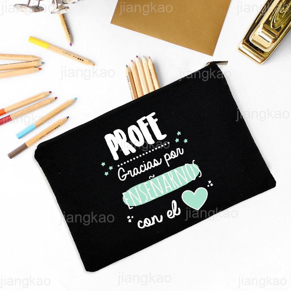 Best Teacher In The Word Spanish Print Pencil Bag School Stationery Supplies Storage Bags Travel Makeup Bag Toiletry Pouch Gifts