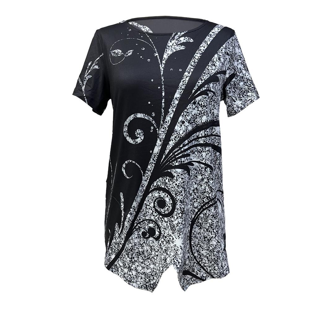 Fashion Womens Summer Geometric Print Loose Short Sleeve Irregular Hem T-Shirt
