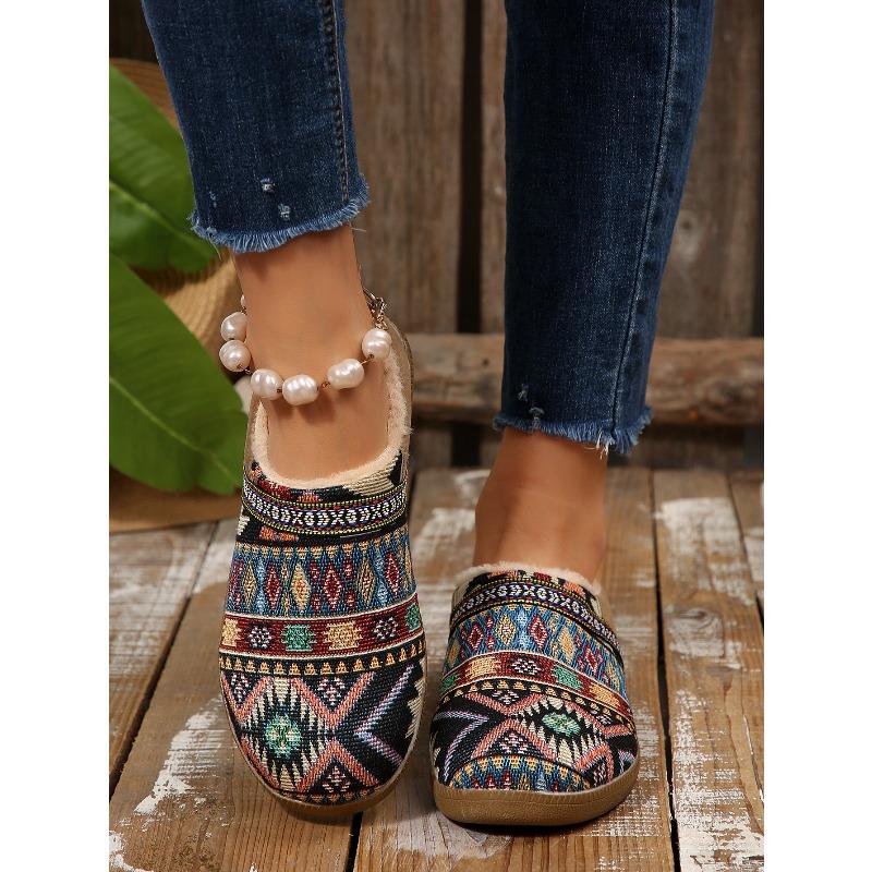 Plus-size Warm Cotton Shoes 2025 Winter New Fleece Color-blocking Ethnic Style Home Women's Shoes