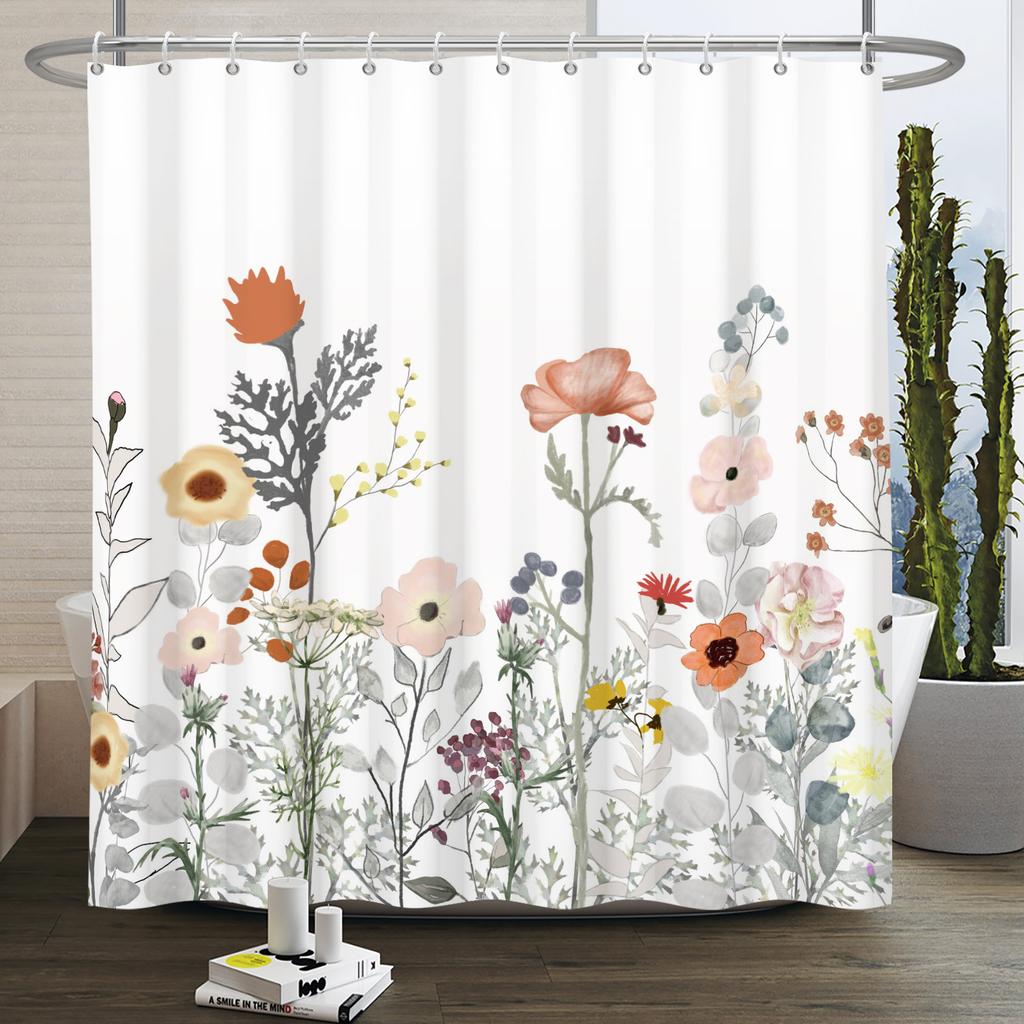 Watercolor Floral Shower Curtain Waterproof Easy To Clean Privacy Protection Print Botanical Design Elegant Bathroom Decor