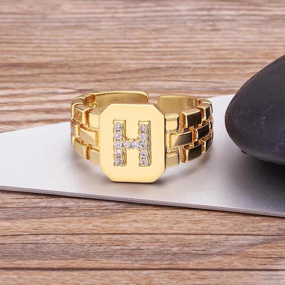 

[Vintage Ring] 18K Golden Plated Copper Alphabet Finger Ring | Vintage Style, 3A Zirconia Inlay, A-Z Letter Open Band | Daily & Party Wear, Easter Hol H