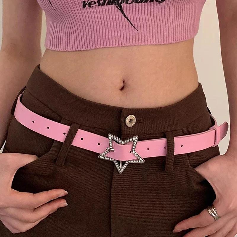 Y2K Star Buckle Belt Pink Leather Elastic Beading Decorationed Belt Sparkling Rhinestone Retro Wedding Decoration Accessories розовый