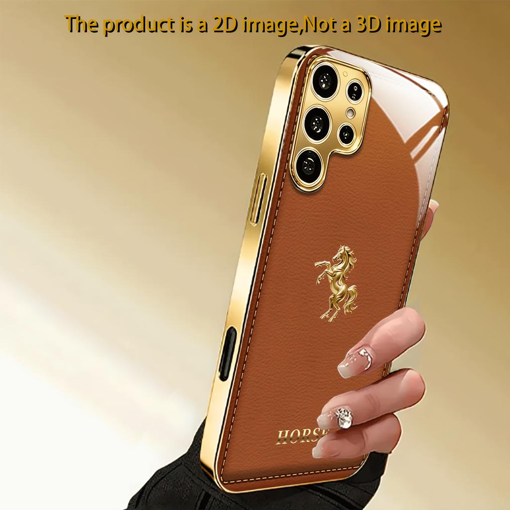 2D Brown Background Golden Horse Design Phone Case for Galaxy S26 S25 S24 S23 Ultra S22 Ultra S20 Ultra 56 A72 A73 5G