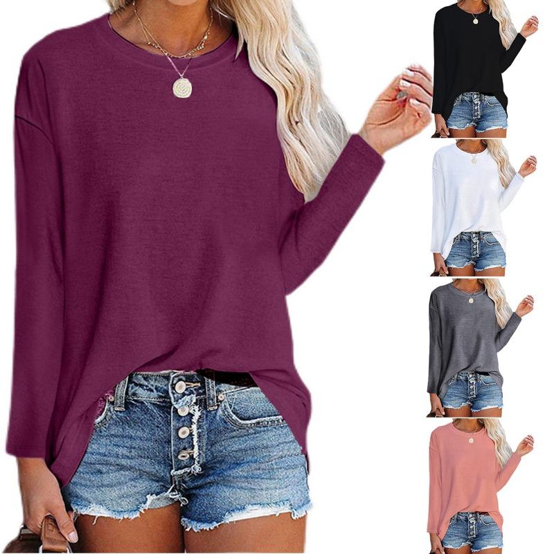 Women S Long Sleeve Round Neck Loose Fit Solid Color T Shirt