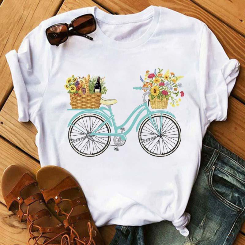 Funny Bicycle With Sunflower Women Tshirt Summer Harajuku Short Sleeve White T Shirts Cartoon Casual