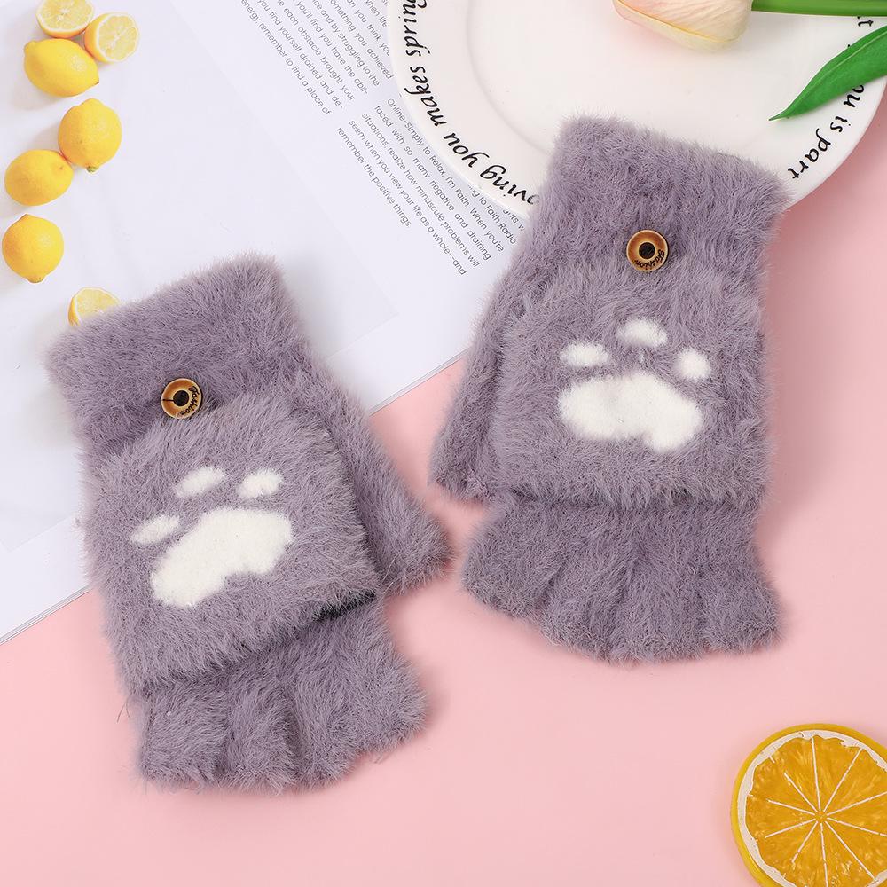 Korean Style Cat Paw Touchscreen Half-Finger Warm Gloves - Fleece-Lined Knitted Design for Students & Ladies