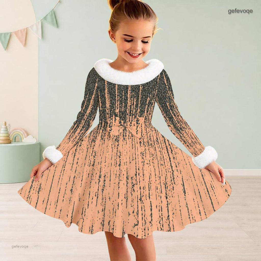 Girls High Neck Long Sleeve Printed White Blue Furry Trim Bow Waist A Line Flared Dress