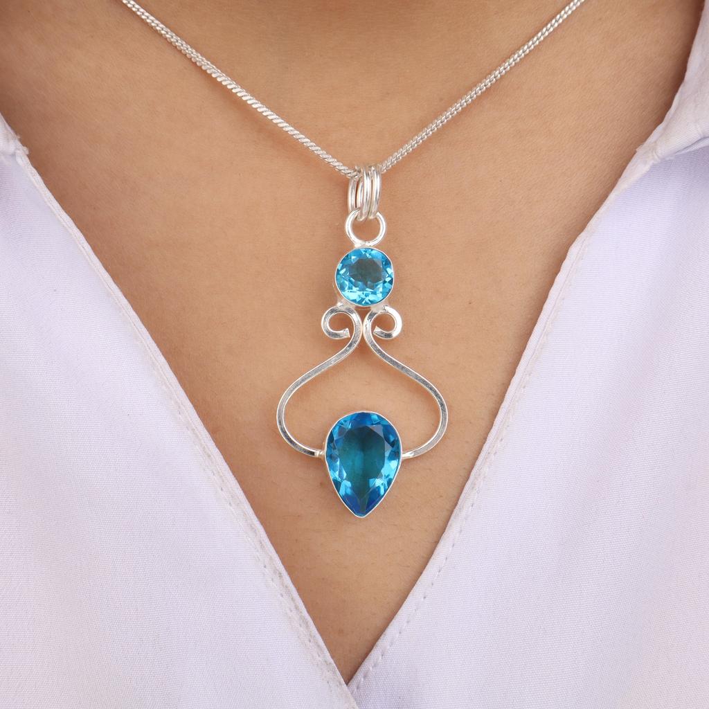 Schweizer Blautopas Edelstein 925 Sterling Silber Schmuck Statement Designer Anhänger 1,60" Für Geschenk PP-13-8