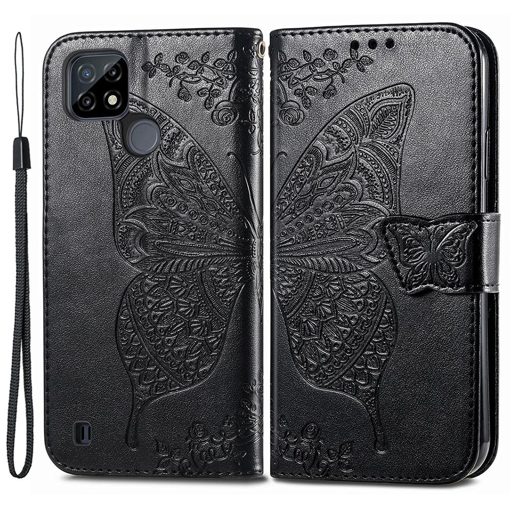 

For Realme C21Y/C25Y Butterfly Imprint Stand Wallet Case PU Leather Anti-fall Phone Cover Black