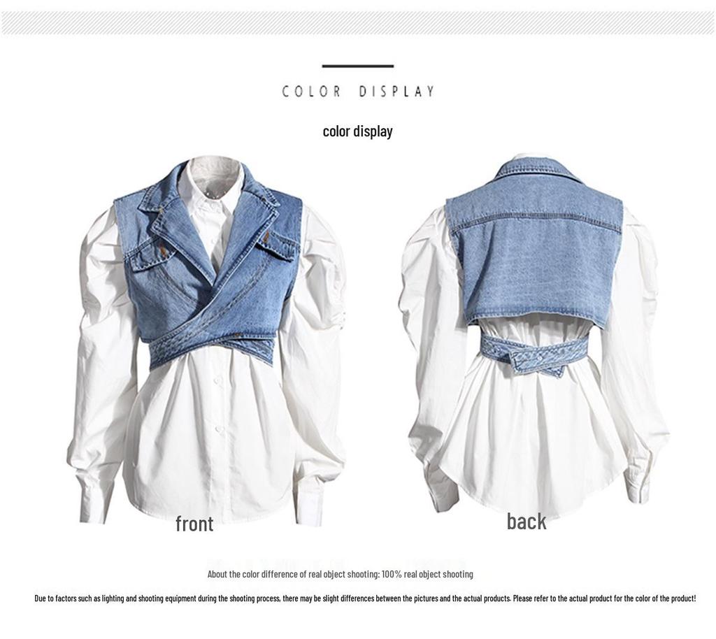 2024 Women's Two-Piece Fashion Set: Irregular Denim Vest with Puff Sleeve Shirt