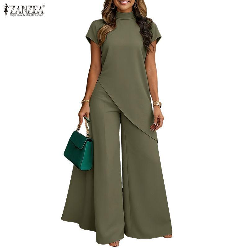 ZANZEA Women Short Sleeve Irregular Blouse and Pants Summer Two Piece Suit Sets
