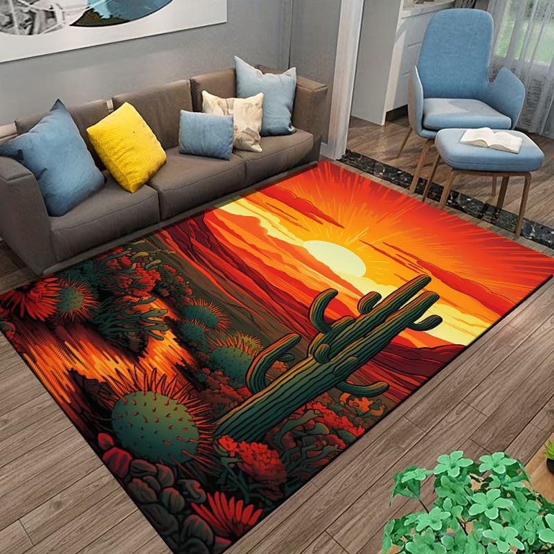 Sunset Desert Landscape Carpet with Cactus Plants and Fiery Colors Suitable for use as an anti-slip for living room bedroom sofas